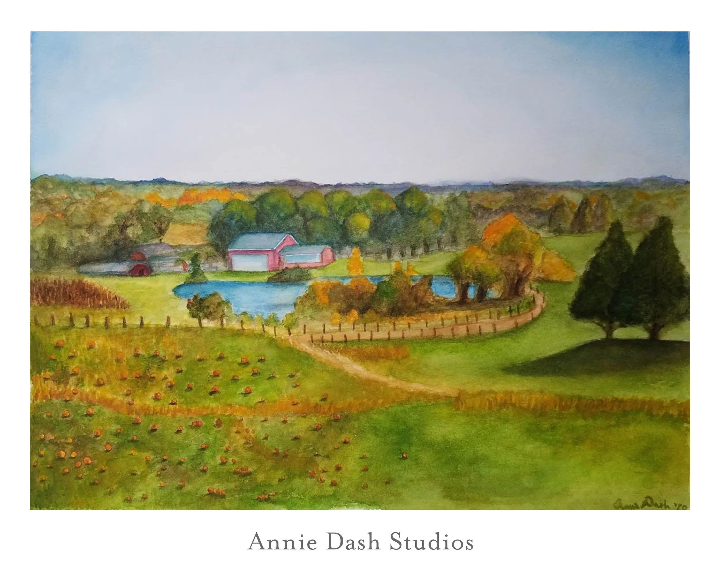 autumn harvest farm scene watercolor pumpkin patch with barn