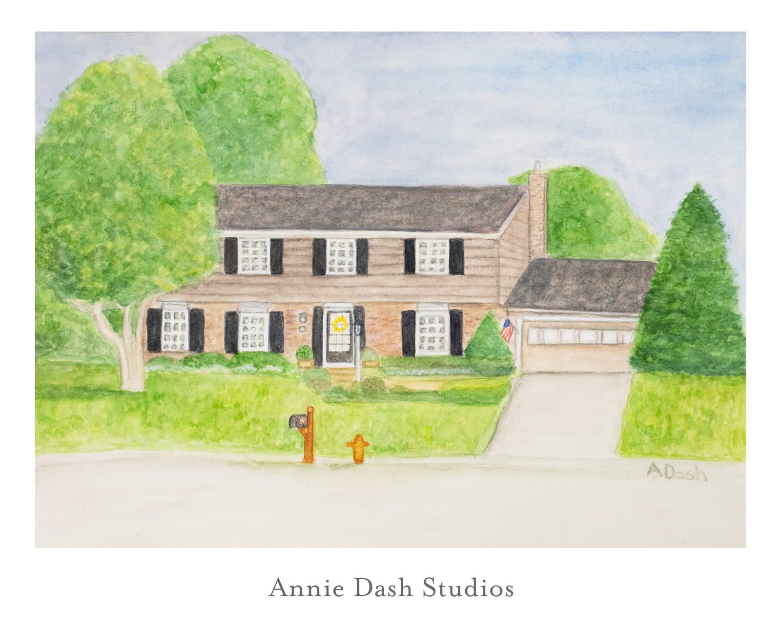 watercolor home portrait of colonial style house by Annie Dash Studios