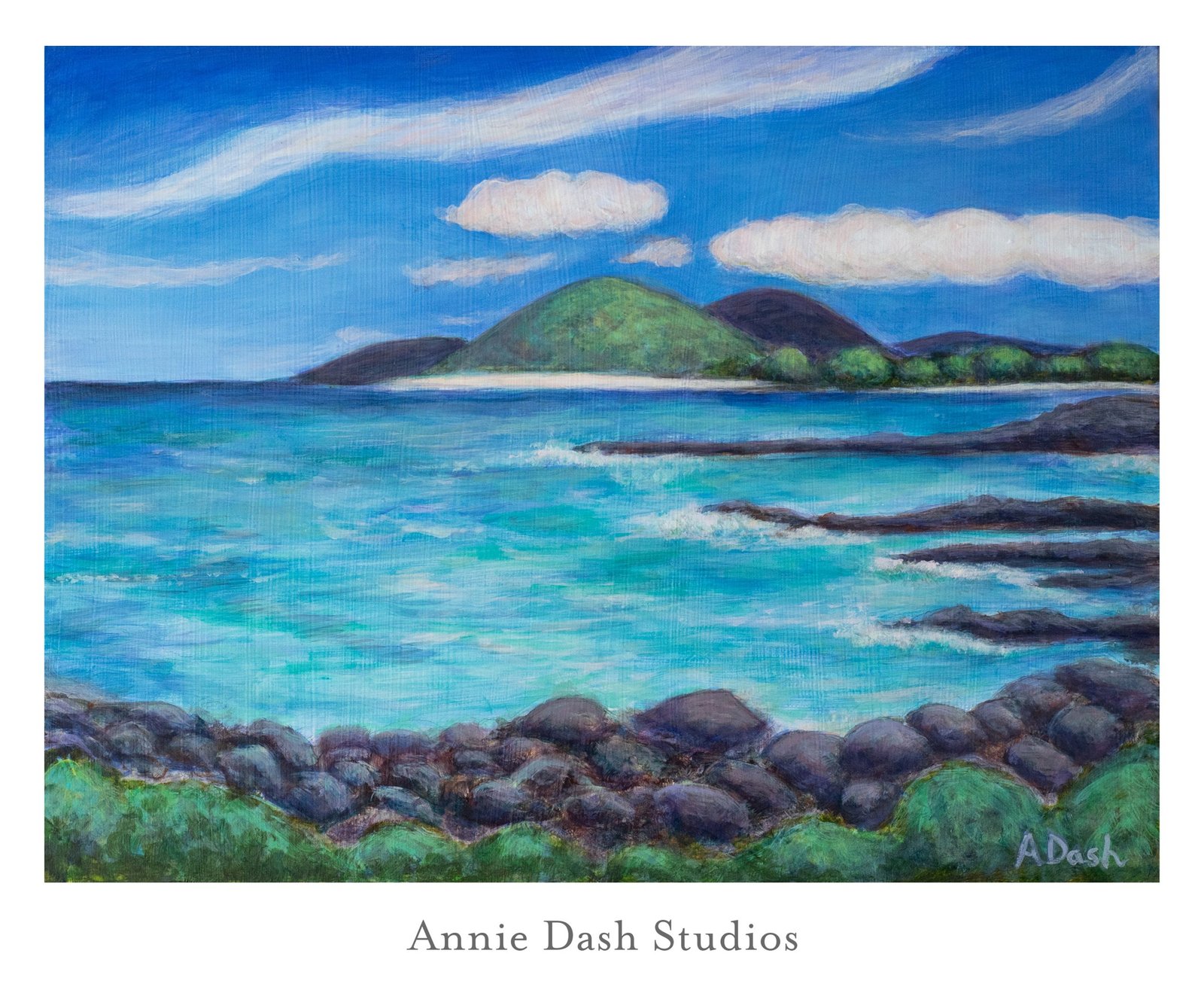 Bahamian seascape of mountains, sea, and rocks in tones of blue and teal