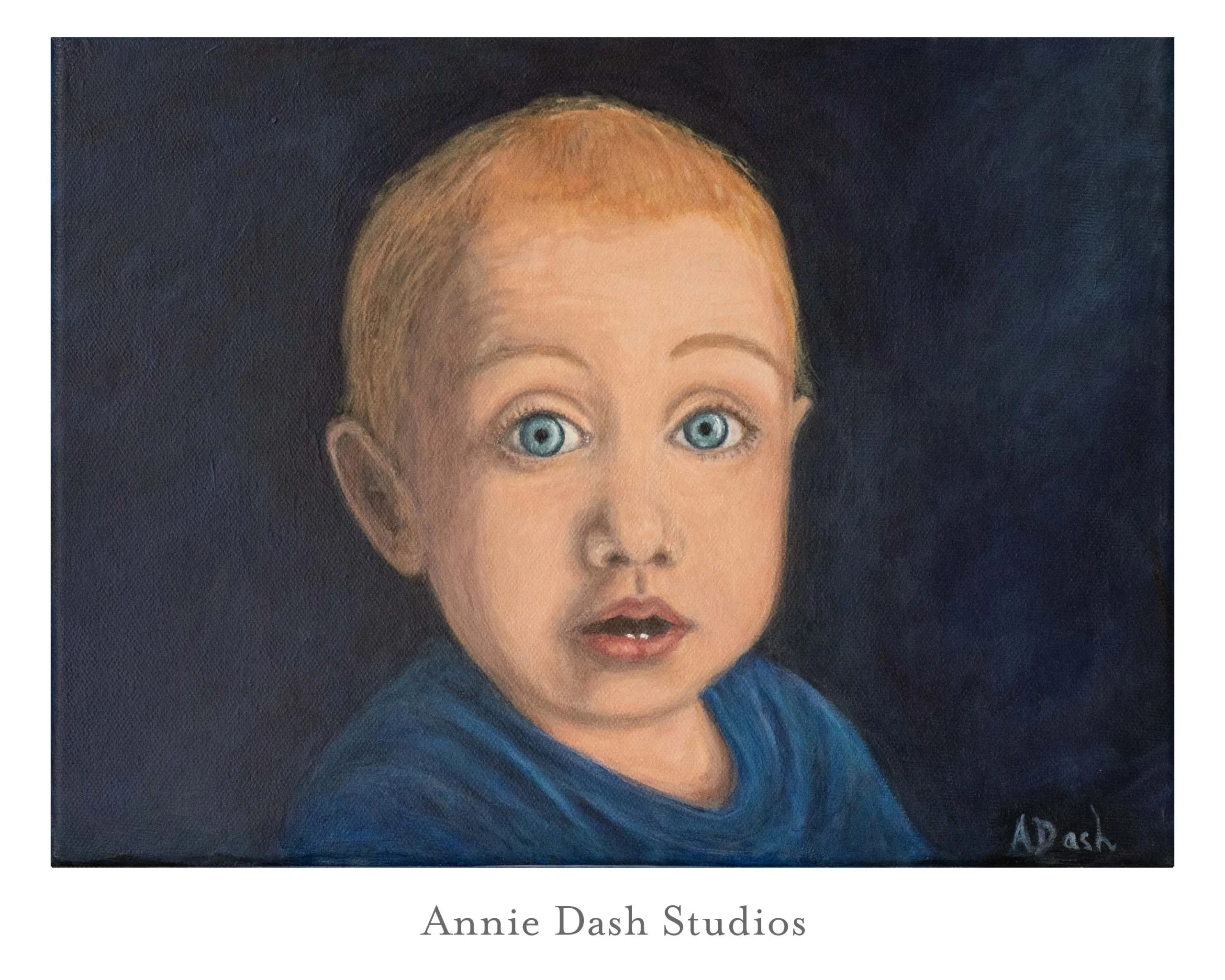 Realistic acrylic portrait painting of toddler looking at the camera with dark background