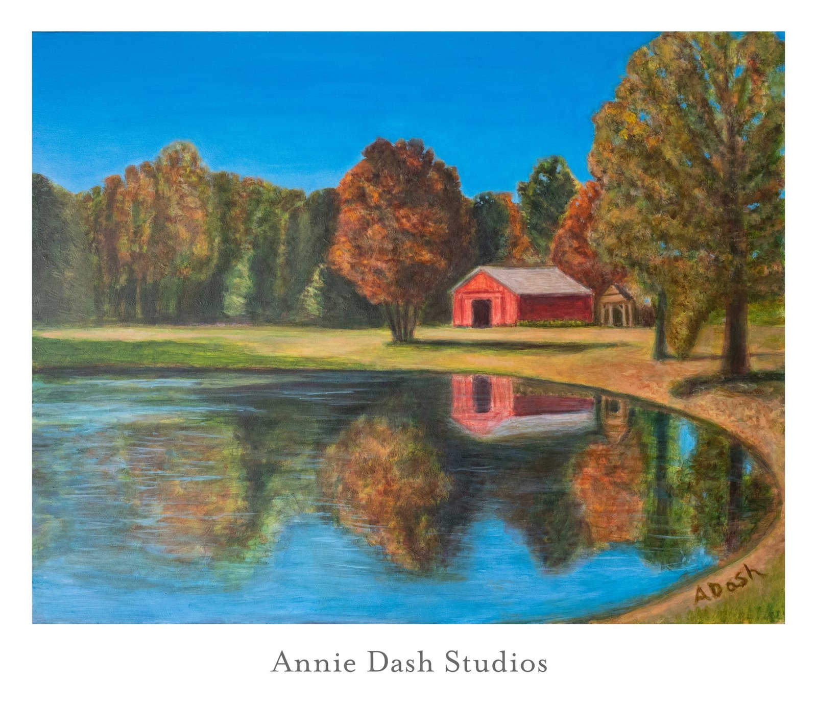 realistic acrylic landscape autumn scene with barn trees and pond with reflection