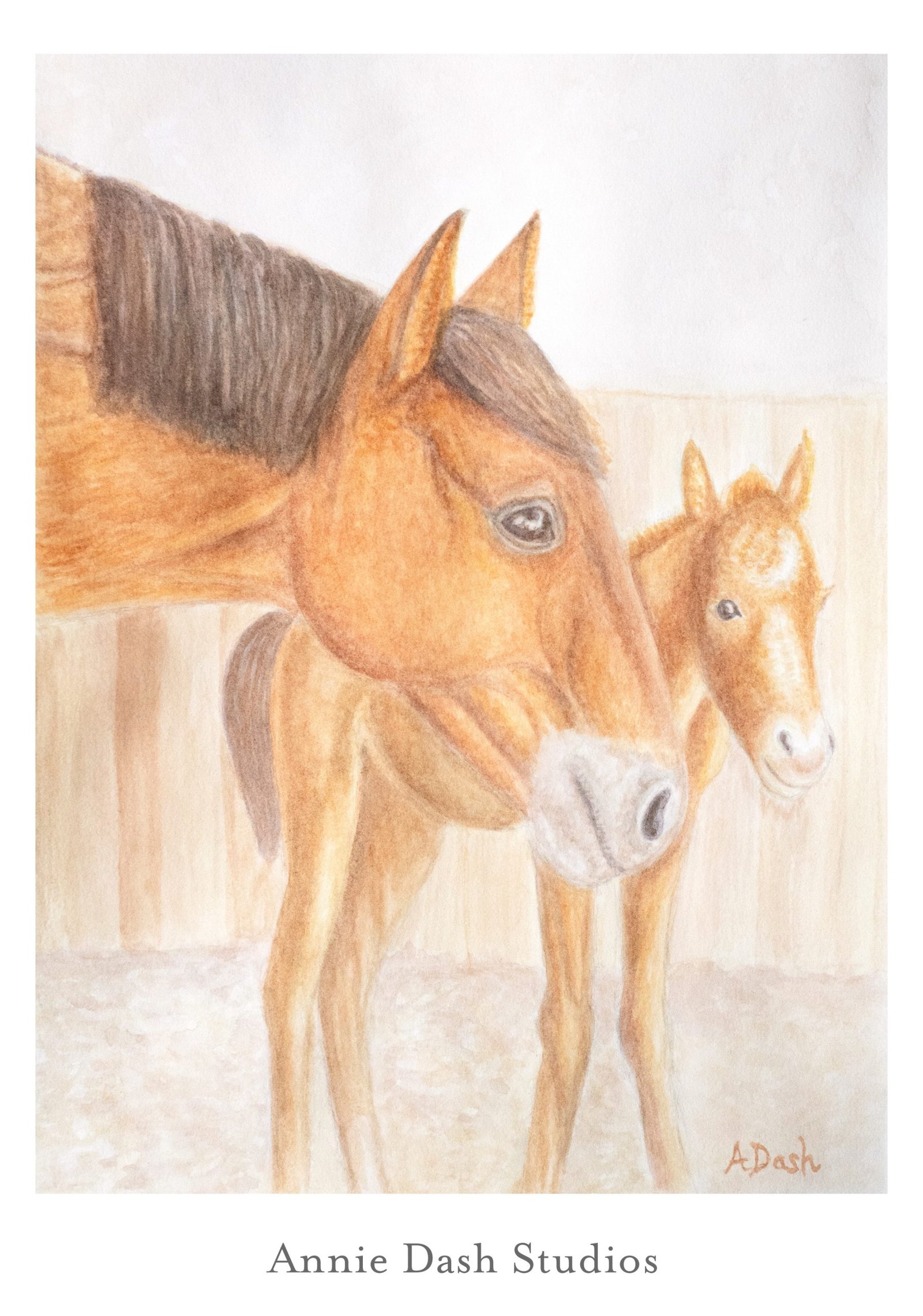 Watercolor painting of mare and foal