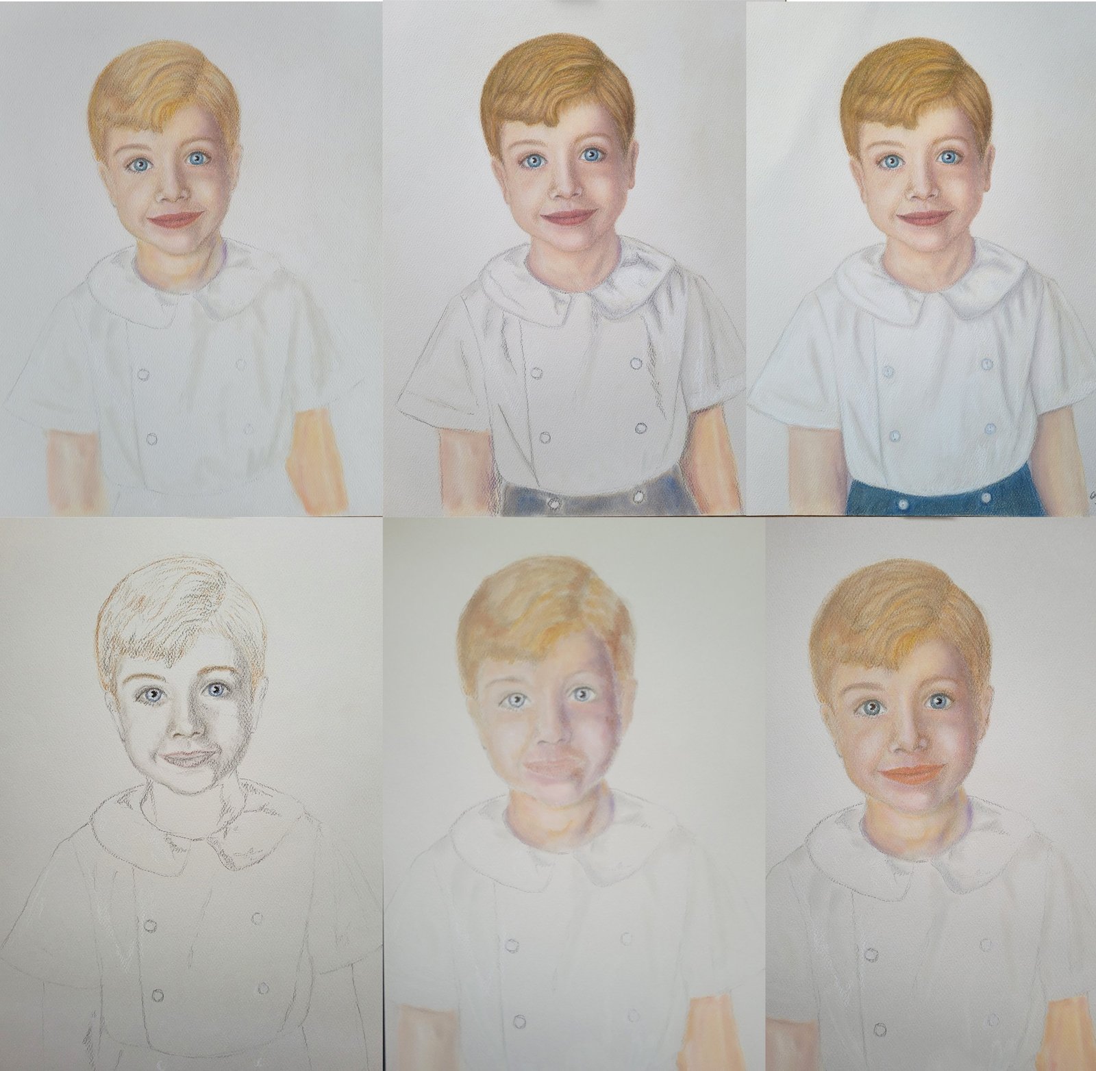 Work in progress photos of pastel child portrait