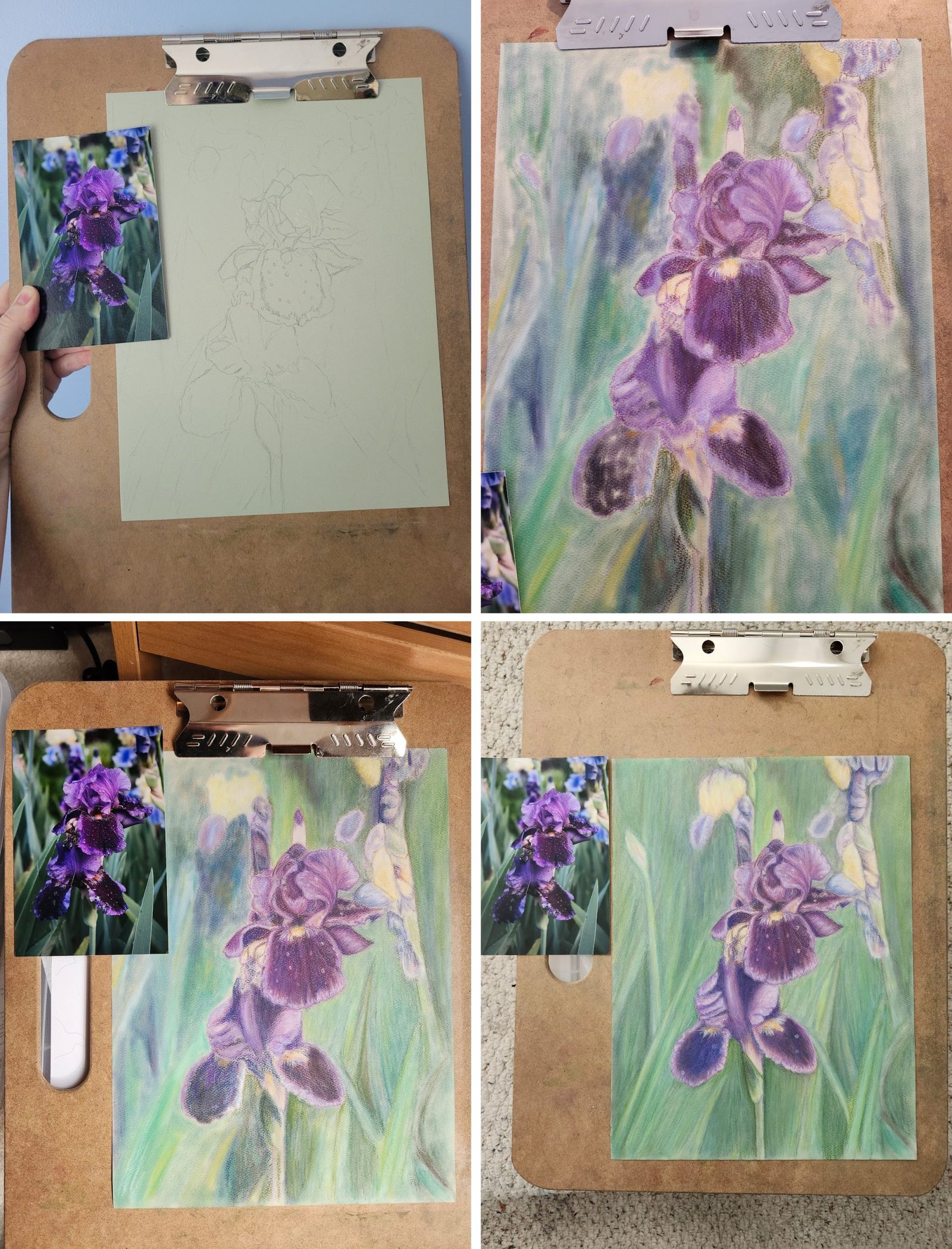 4 image collage of pastel  floral paintings purple iris