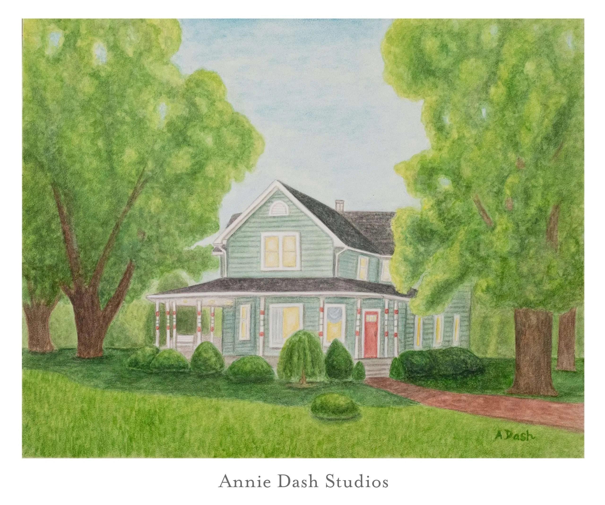 green farmhouse with trees watercolor painting by Annie Dash