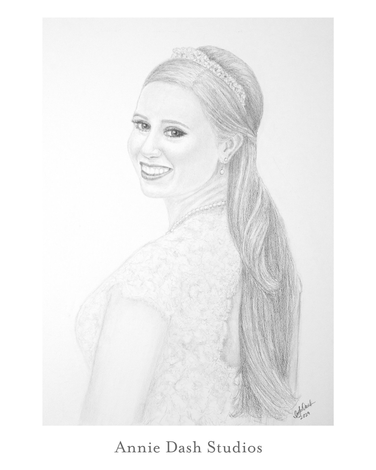 Graphite wedding portrait of bride looking over her shoulder by Annie Dash Studios