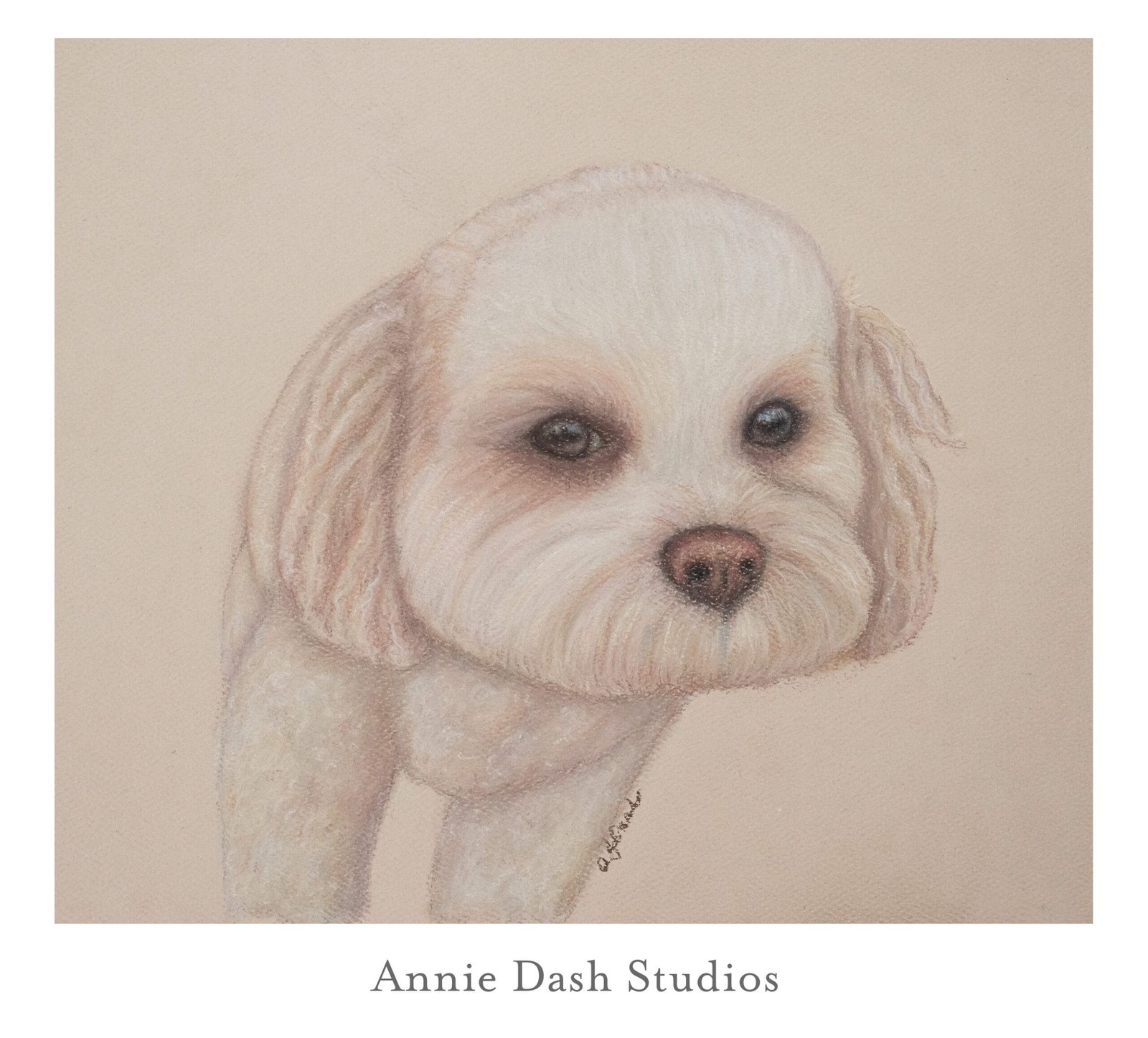 pastel pet portrait of a white dog leaning into the camera