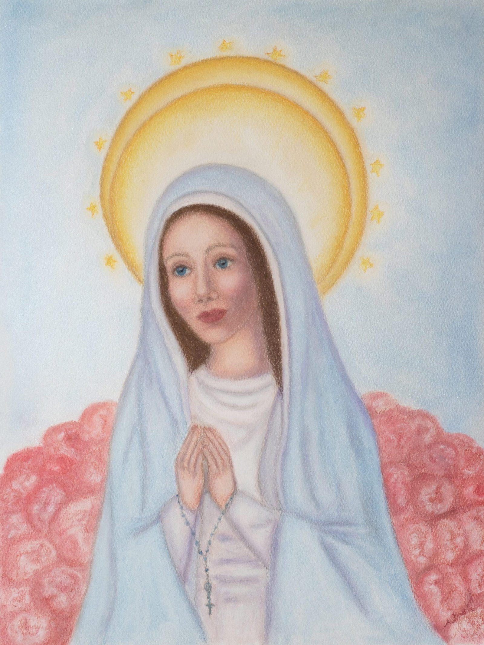 color pastel painting of blessed virgin Mary in prayer surrounded by roses with double halo and 12 stars