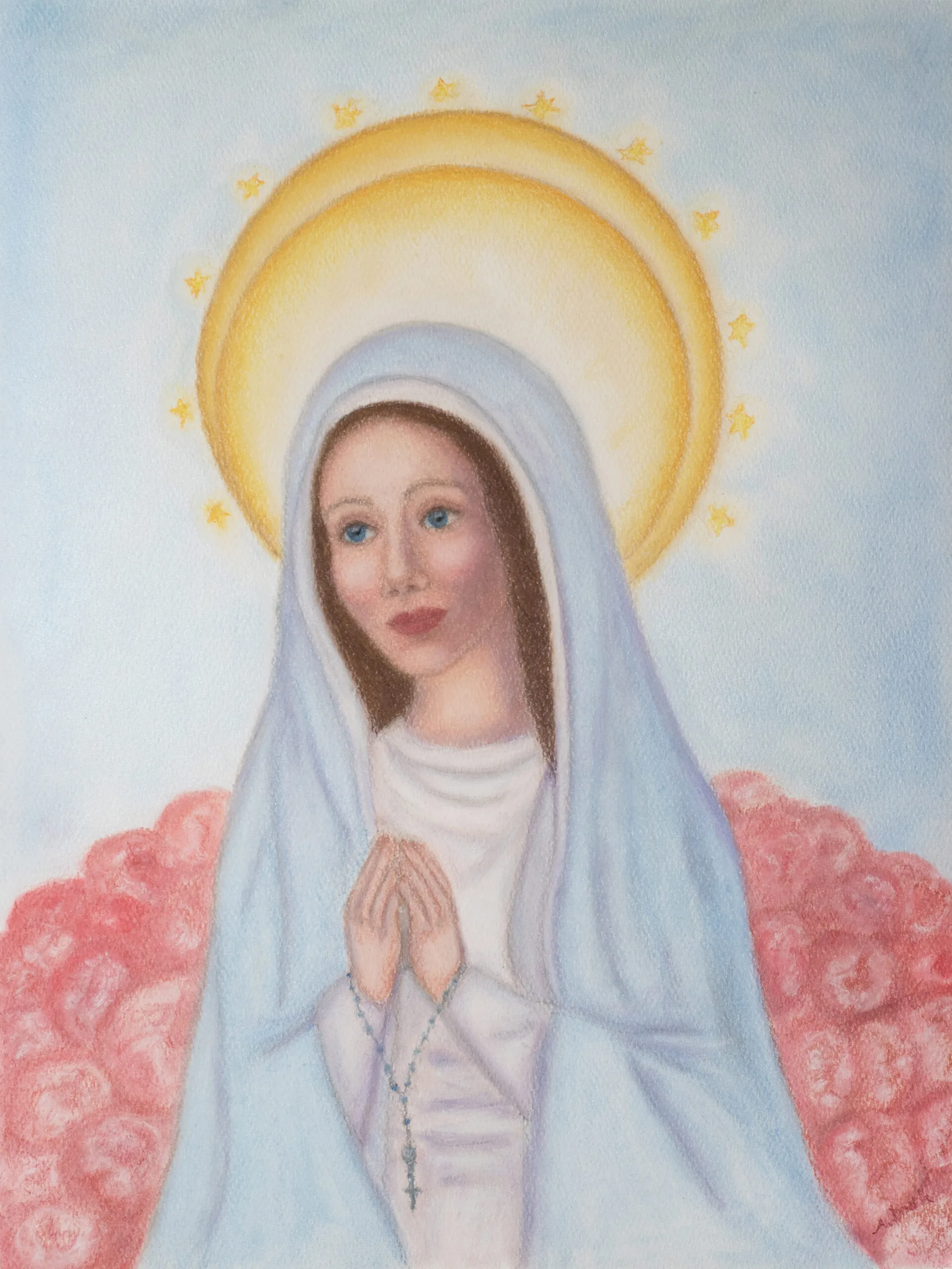color pastel painting of blessed virgin Mary in prayer surrounded by roses with double halo and 12 stars