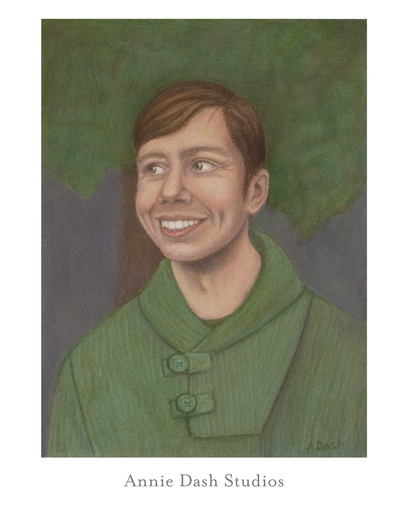 Pastel portrait of man looking to the side with trees behind him