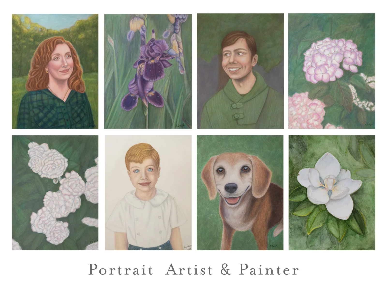 Color collage of pastel and watercolor art work by Annie Dash Studios