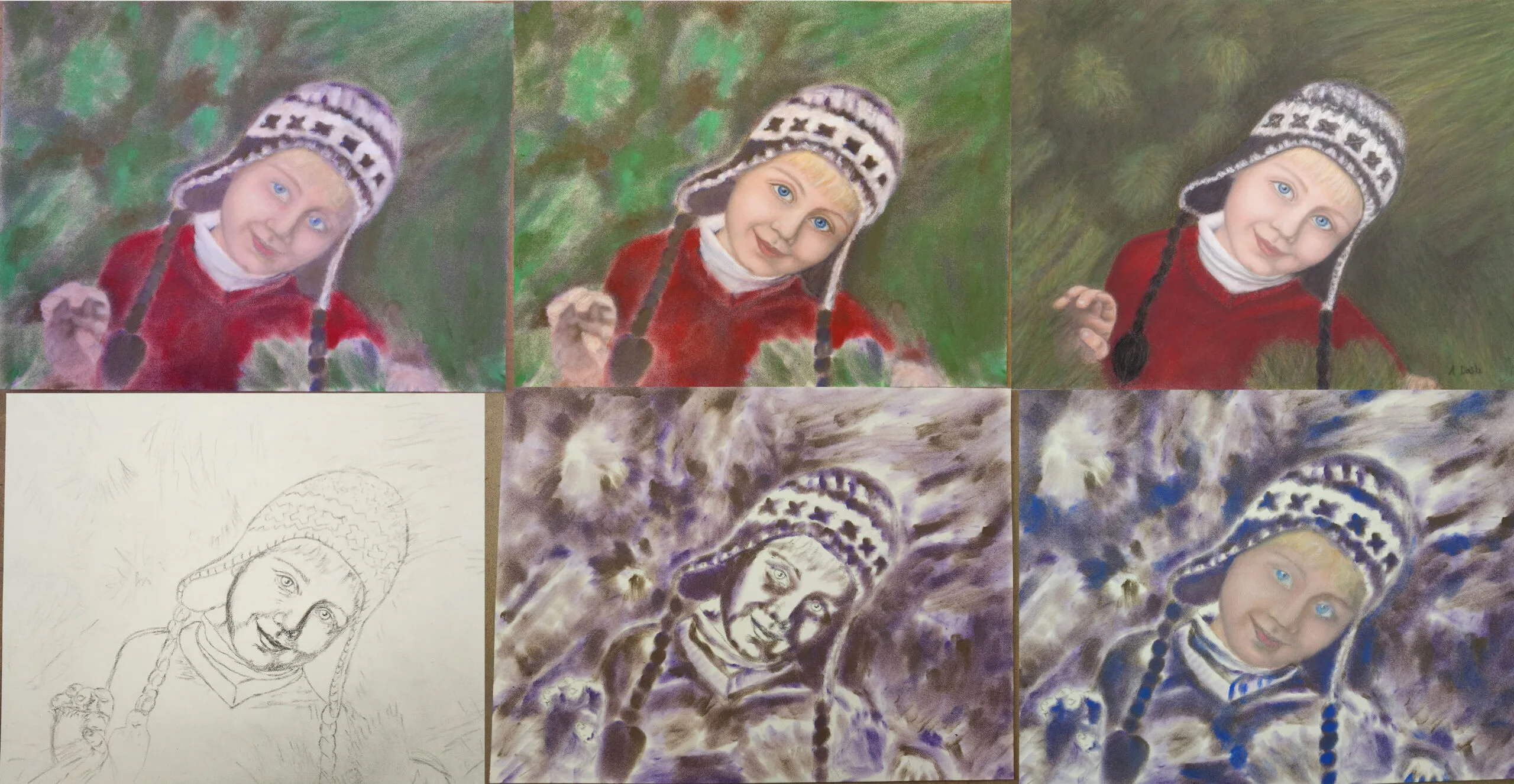 collage of images of pastel portrait of boy in pines