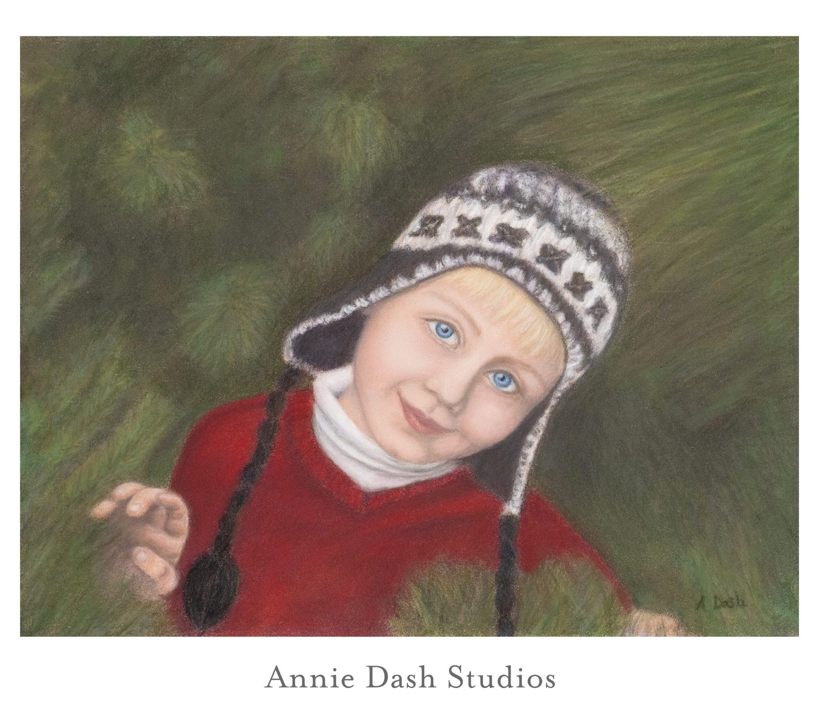 pastel portrait of boy in pine trees