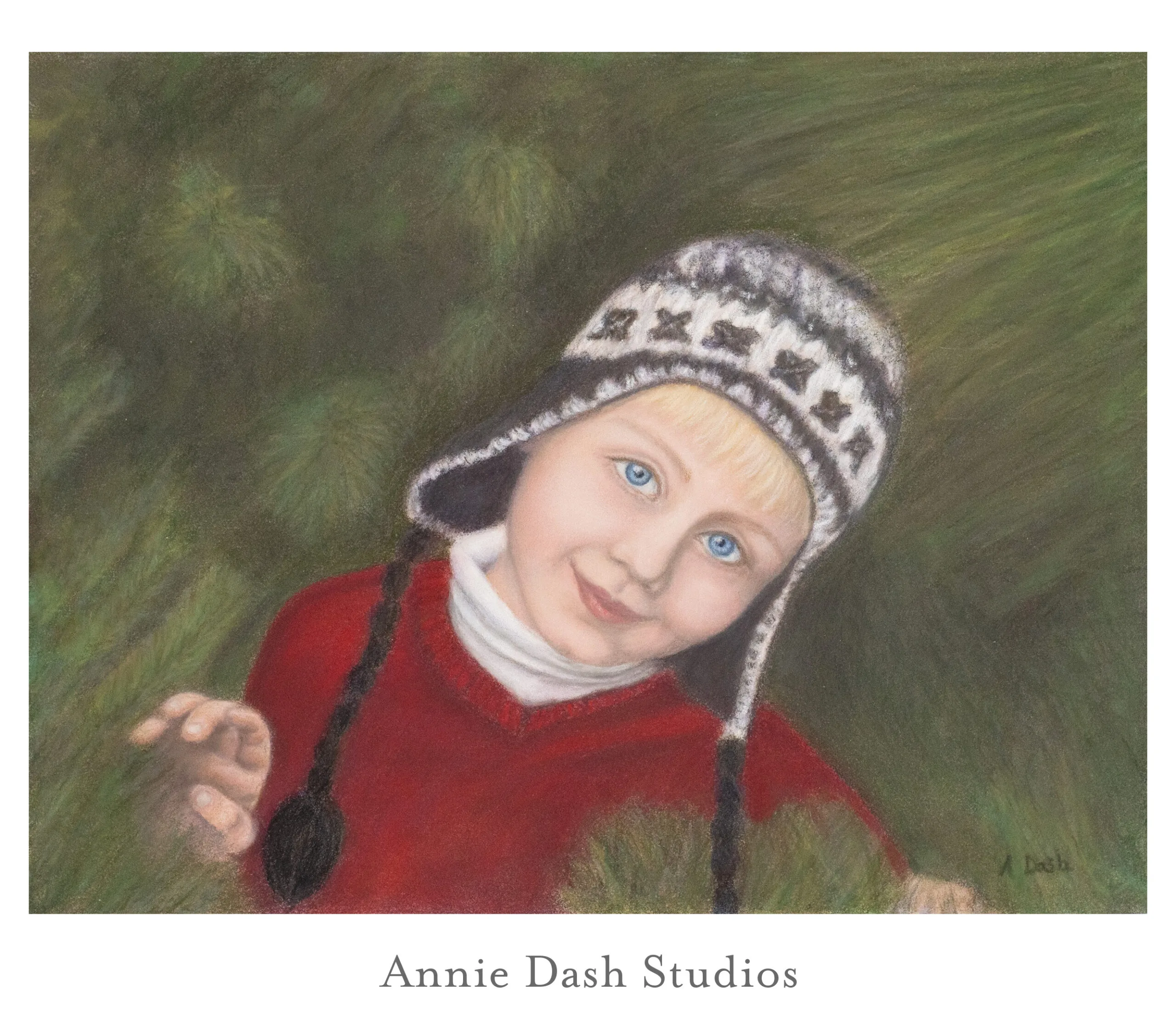 pastel portrait of boy in pine trees