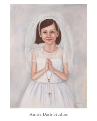 Pastel First Communion Portrait of Girl holding rosary beads