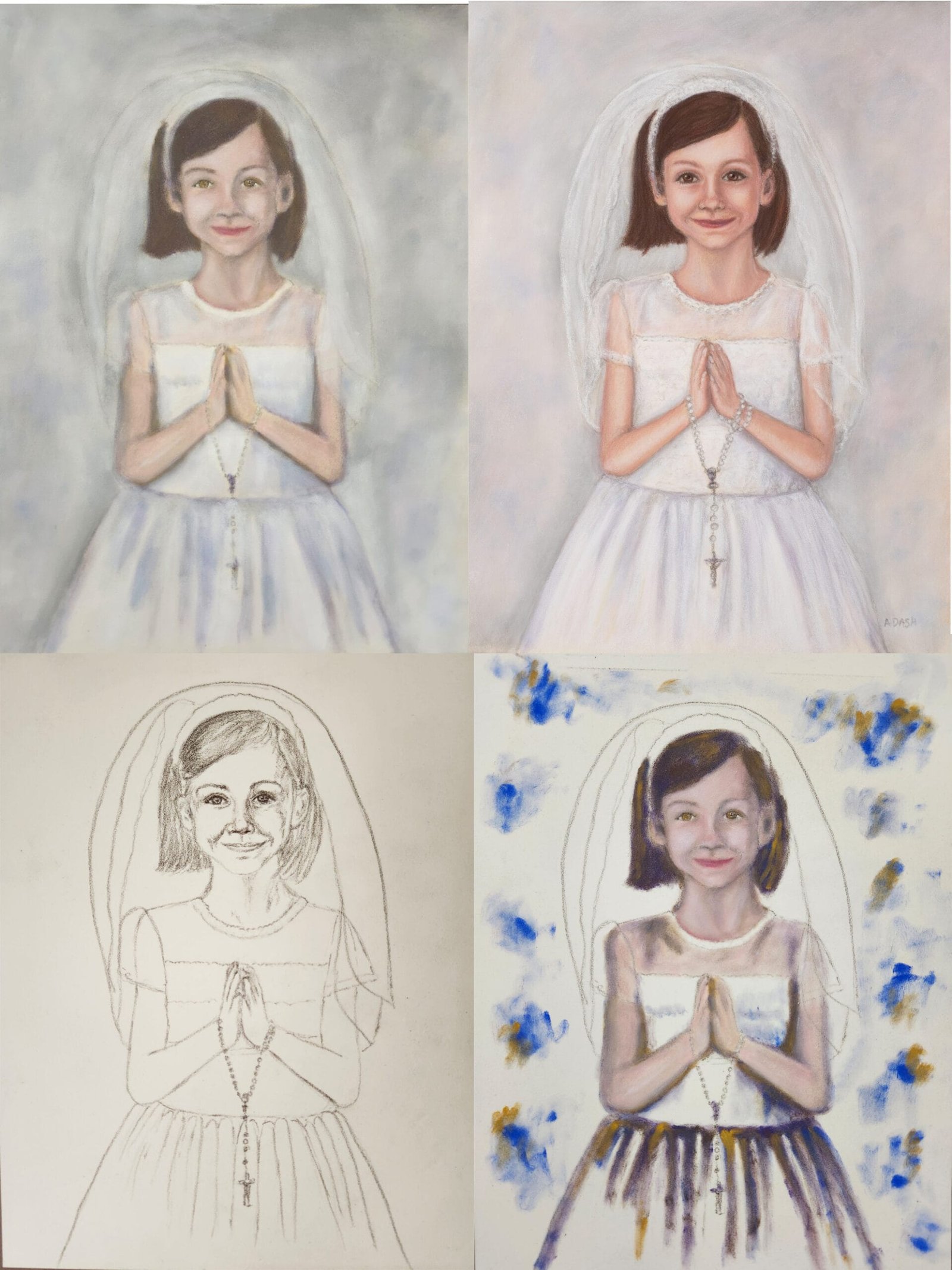 collage of images of pastel portrait of boy in pines