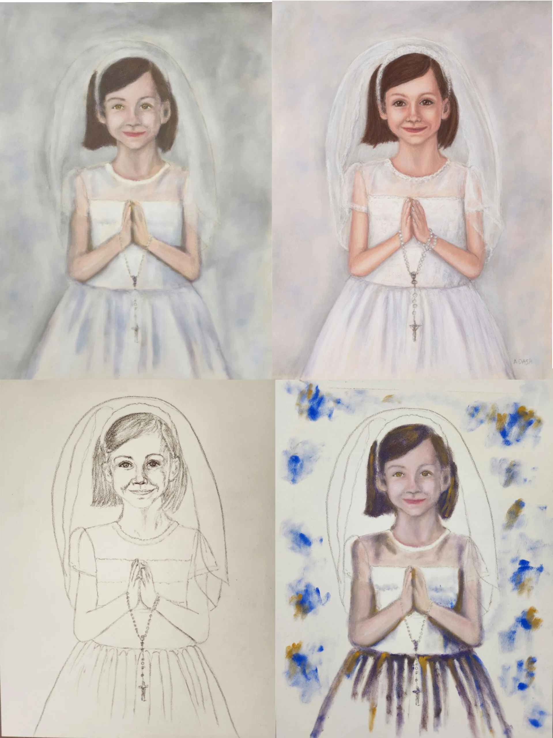 collage of images of pastel portrait of boy in pines