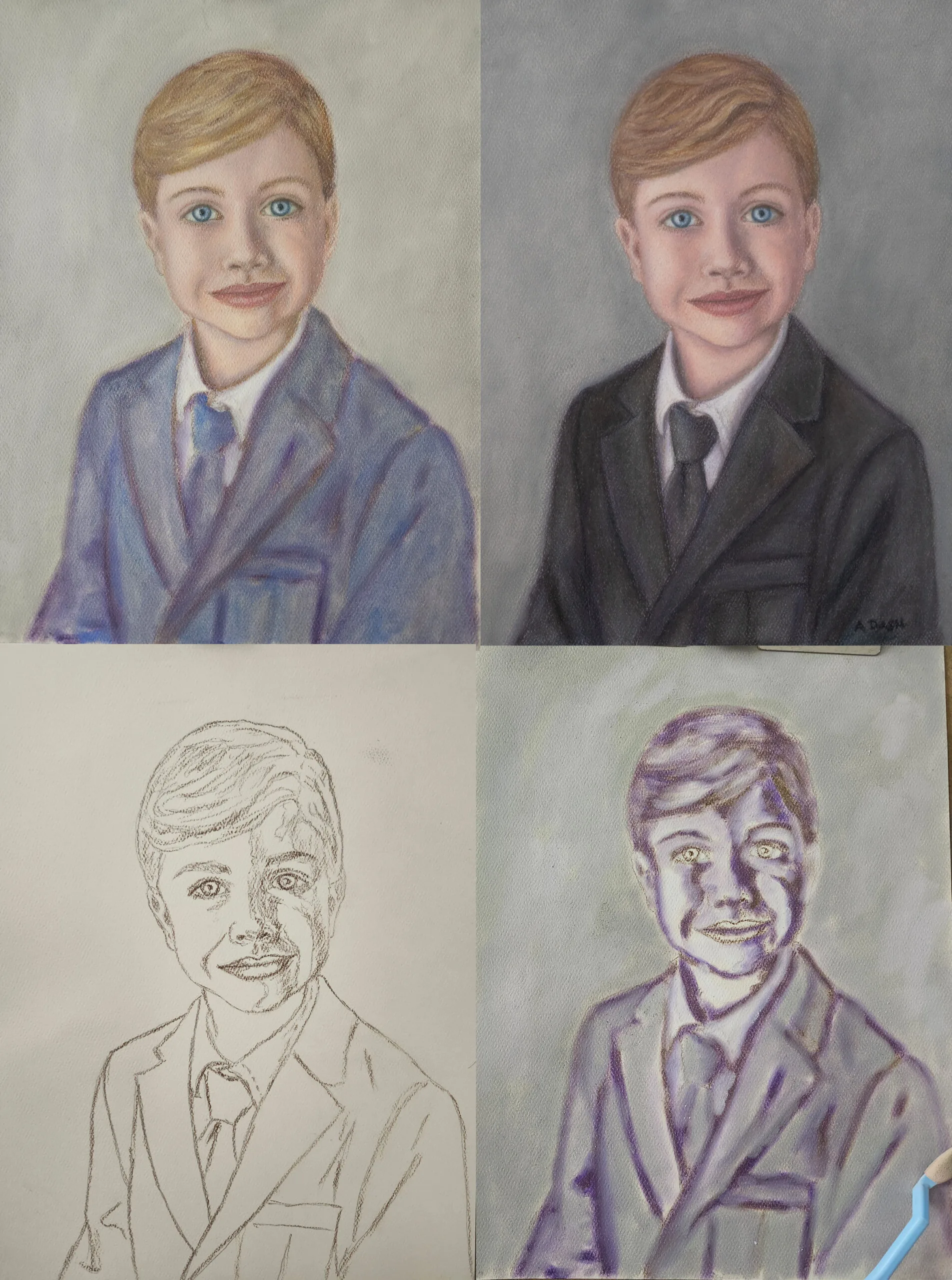 collage of images of pastel portrait of boy in pines