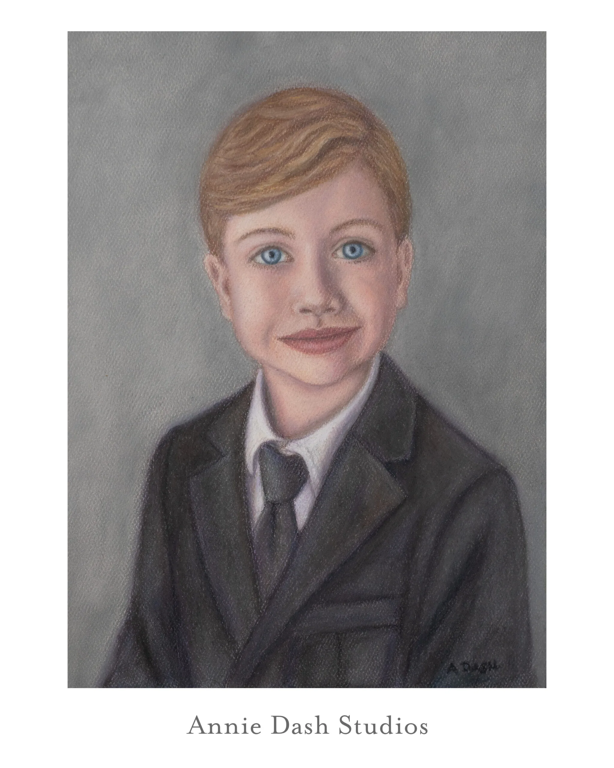 pastel portrait of a smiling boy in a black suit