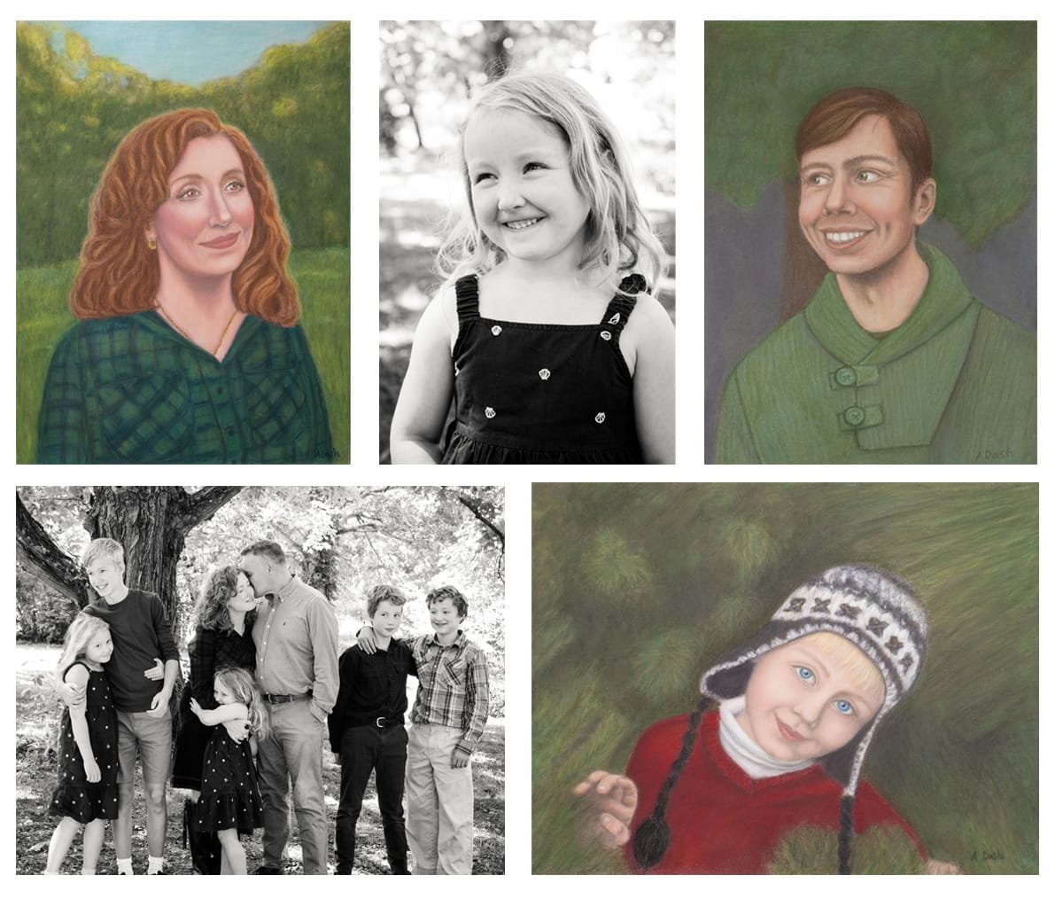 Collage of pastel fine art portrait and black and white portrait photography by Annie Dash Studios