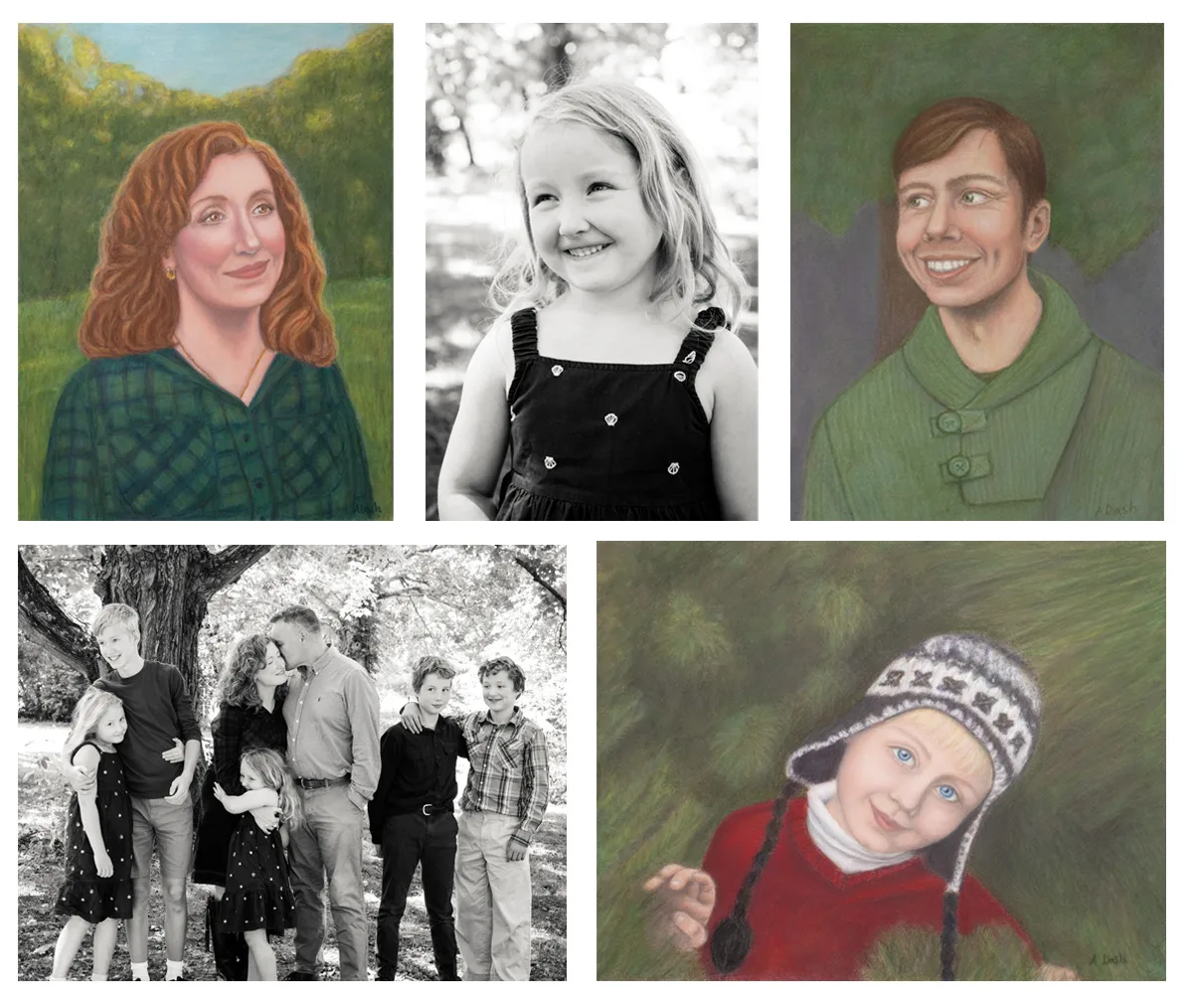 Collage of pastel fine art portrait and black and white portrait photography by Annie Dash Studios
