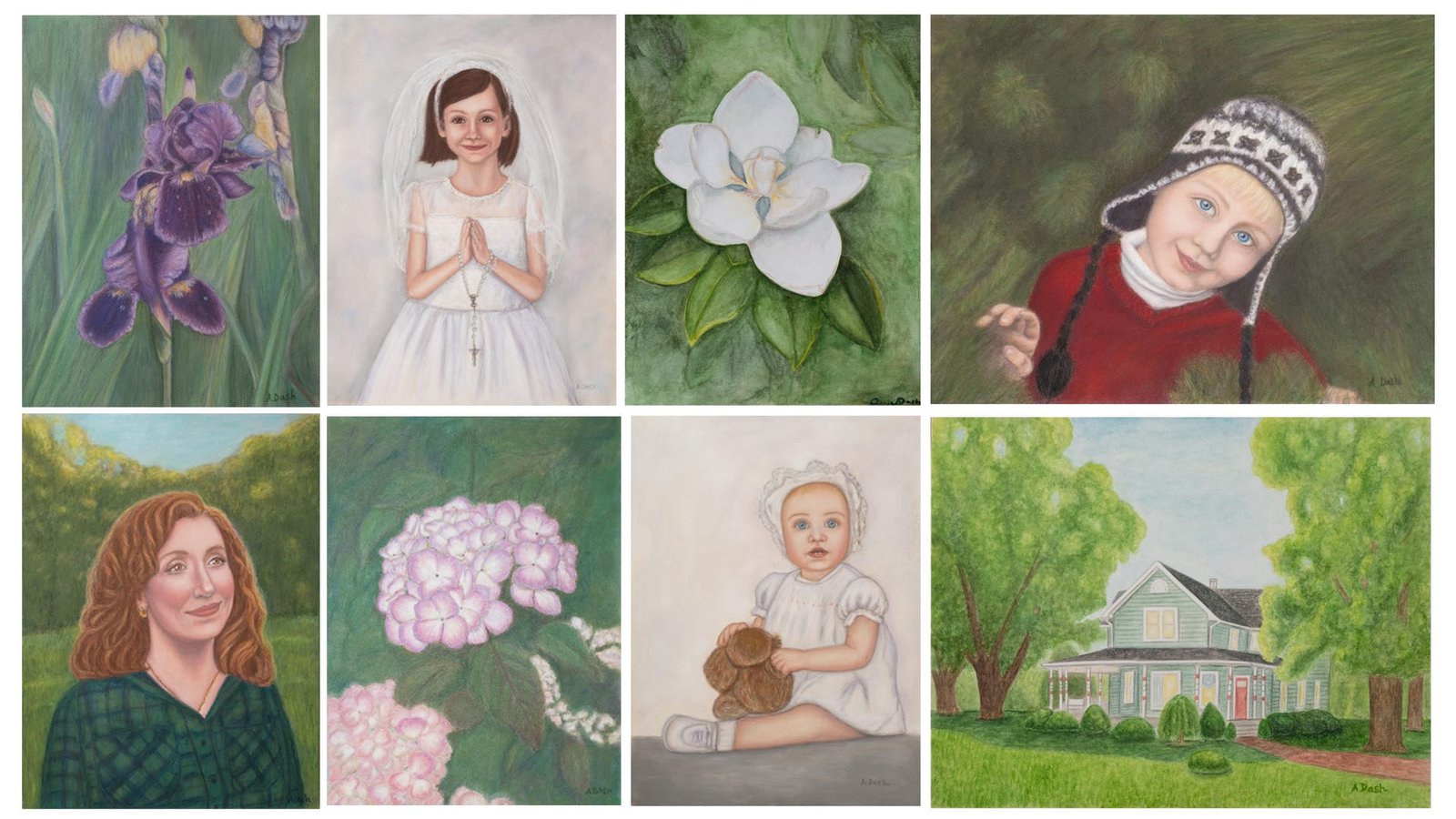Collage of pastel fine art portrait and black and white portrait photography by Annie Dash Studios