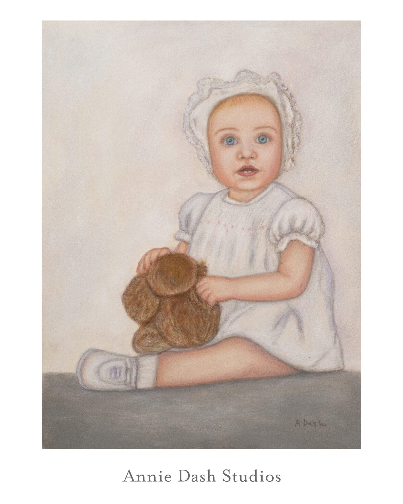 pastel portrait of baby with blue eyes in a white dress looking at the viewer and holding a stuffed animal