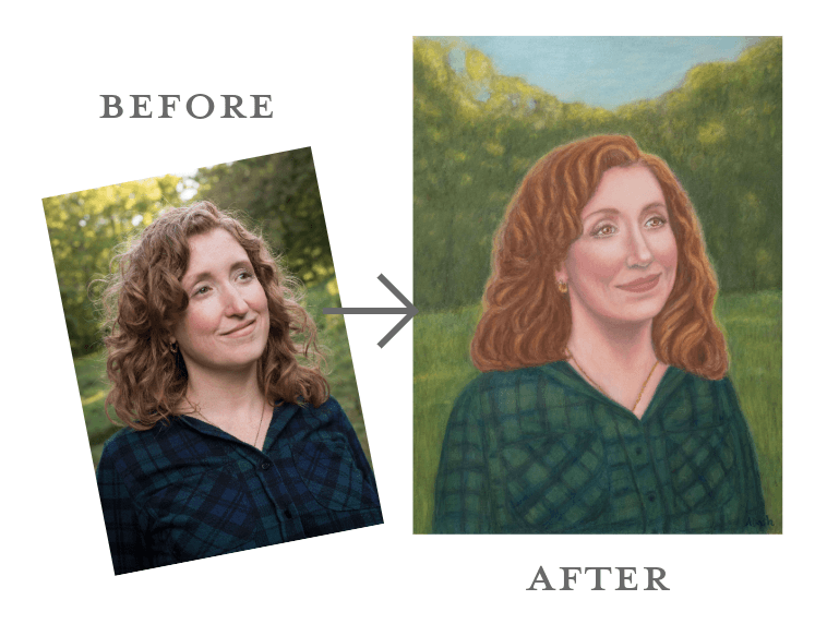 Before and After image with photograph and pastel portrait
