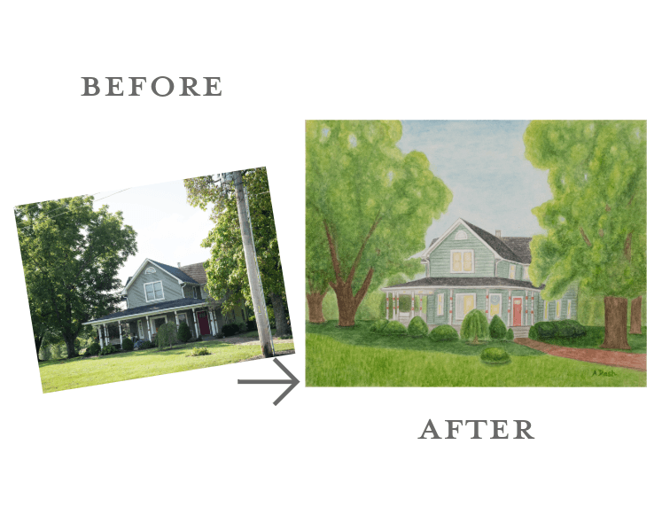 Before and After photo of historic home to watercolor painting