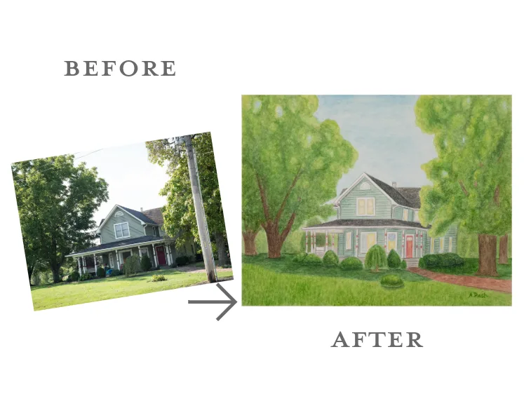 Before and After photo of historic home to watercolor painting