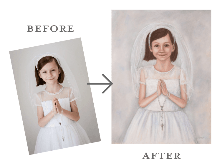 Photo of little girl First Communion with pastel portrait by Annie Dash Studios