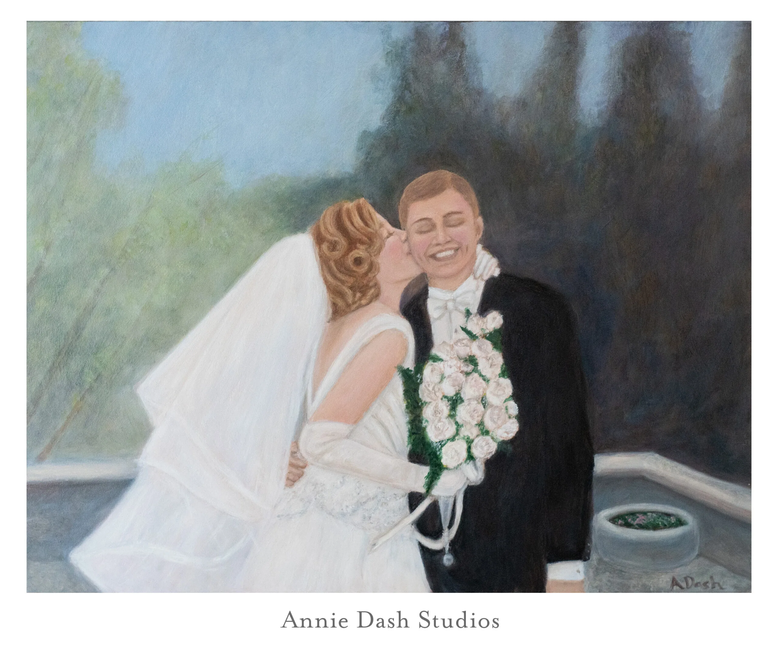 Original oil painting of a bride kissing her groom on their wedding day