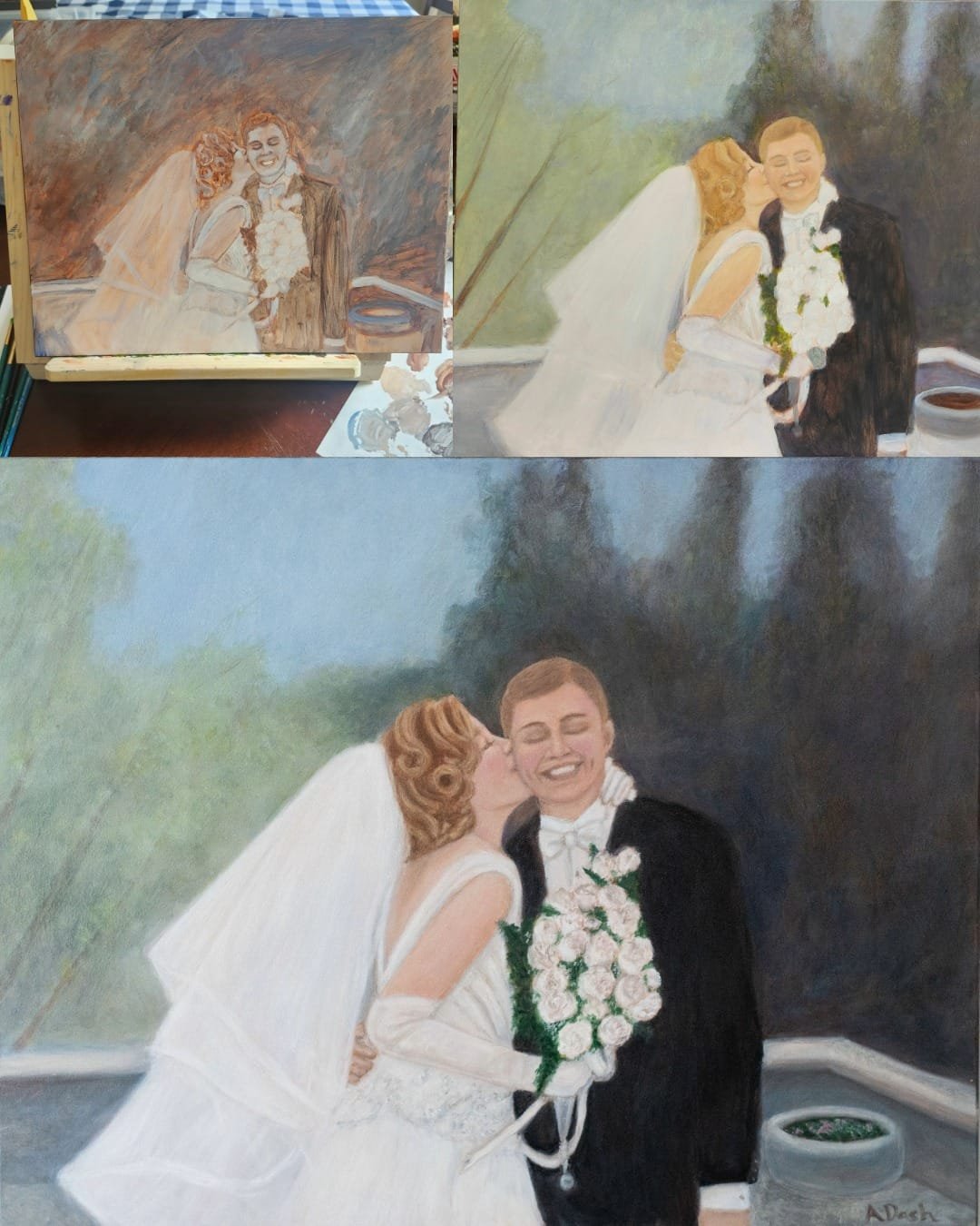 collage of multi-image process oil painting of bride kissing groom on the cheek